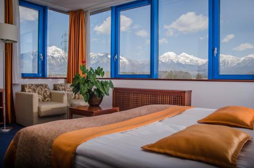 克拉尼Garni Hotel Azul的一间带一张床的卧室,享有山景