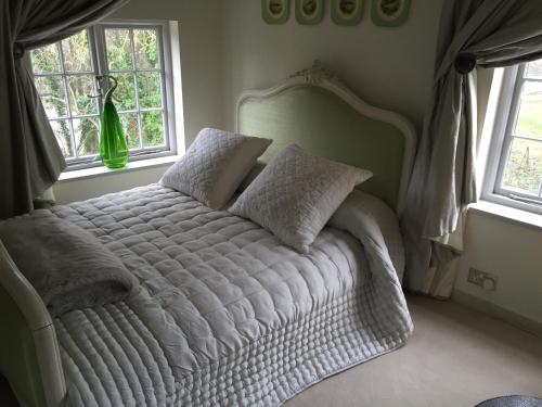 多尔金Castle Mill Bed and Breakfast的卧室设有2扇窗户,配有1张白色床