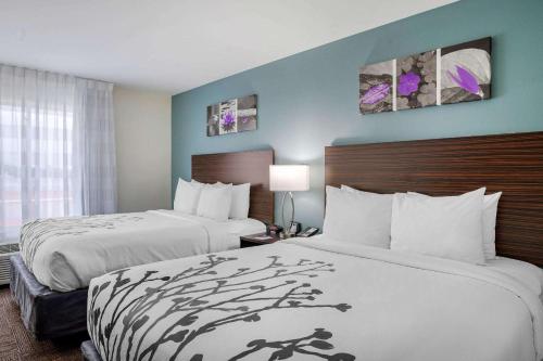 休斯顿威斯切斯附近睡眠套房酒店的酒店客房设有两张床和窗户。
