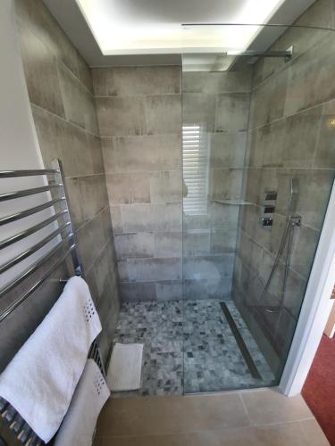 塔洛Wolseley Park guest house的浴室里设有玻璃门淋浴