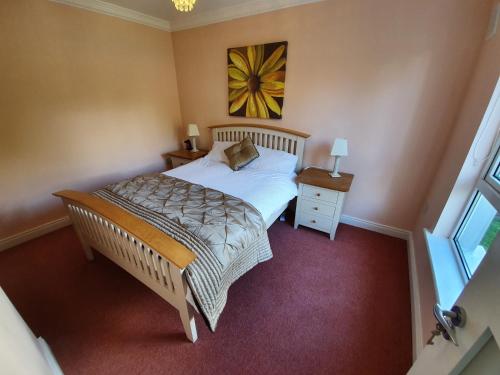 塔洛Wolseley Park guest house的一间卧室配有一张床、一张桌子和一个窗户。