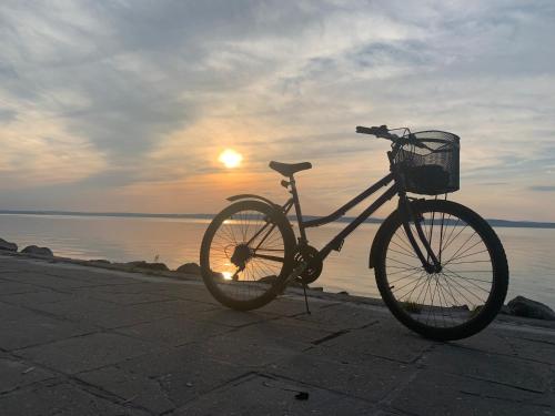 希欧福克全景高级酒店的一辆自行车停在水边,日落