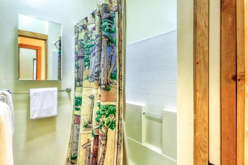 麦考尔Awesome Payette Lake Cabin的带淋浴和浴帘的浴室