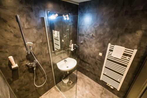 卡奇山口Basekamp Mountain Budget Hotel的带淋浴、盥洗盆和淋浴的浴室