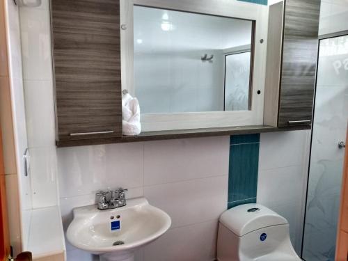 AguadasParaíso Tropical的一间带水槽、卫生间和镜子的浴室