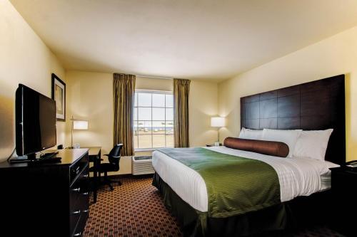 EadsCobblestone Inn & Suites - Eads的酒店客房设有一张大床和一台电视。