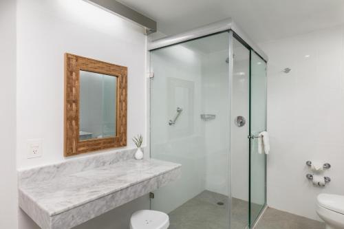 伊斯塔帕波萨达皇家伊斯塔帕酒店的带淋浴、盥洗盆和镜子的浴室