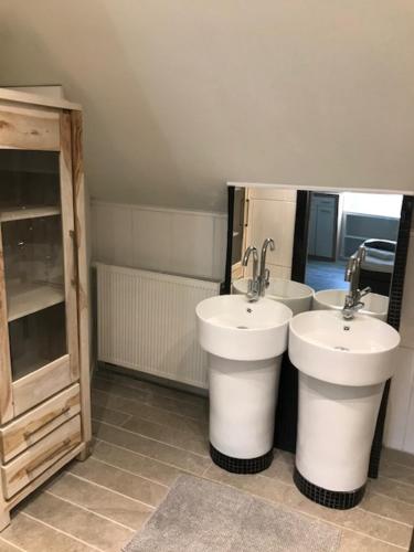 马塞克Bij de lindeboom的一间带两个白色盥洗盆和橱柜的浴室
