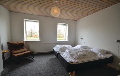 蒂霍尔姆Cozy Home In Thyholm With Kitchen的一间卧室配有一张床和一把椅子,还有两个窗户