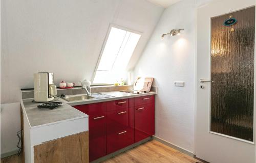 内克瑟Awesome Apartment In Nex With Kitchen的一间设有红色橱柜和窗户的小厨房