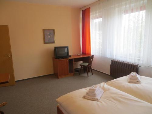 LetzlingenHeidehotel Letzlingen的酒店客房设有两张床和一张书桌及电视