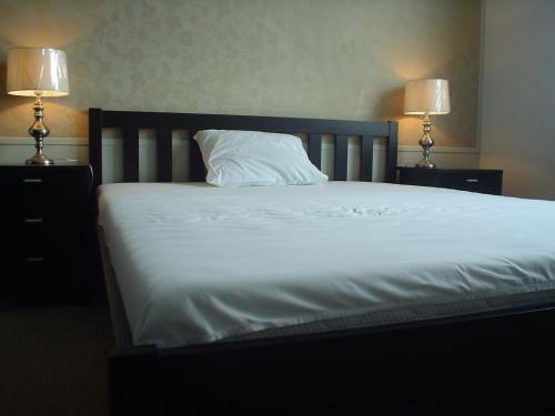 华沙皮乐里公寓的一张带白色床单的床和两个带灯的床头柜