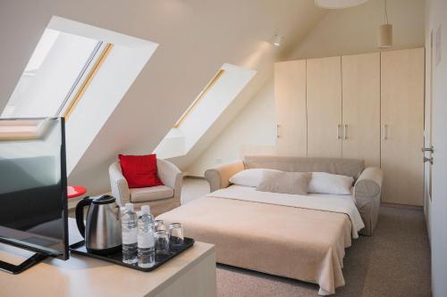 卢布尔雅那艺术酒店的一间卧室配有一张床,并在一间客房内配有电视。