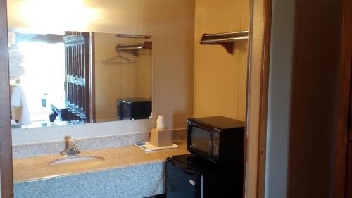 FlatoniaCarefree Inn Flatonia的一间带水槽和镜子的浴室以及一台电视
