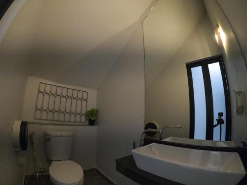 清迈Baan Nai Soi Mini Hotel的一间带水槽、卫生间和镜子的浴室