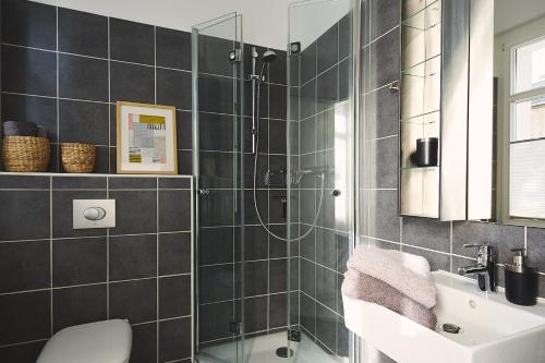 泰尔托Altstadtloft Teltow的带淋浴、卫生间和盥洗盆的浴室