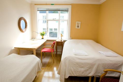 雷克雅未克蝴蝶旅馆的客房设有两张床、一张桌子和一扇窗户。