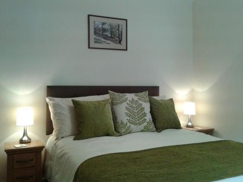 彭里斯Millcroft的一间卧室配有一张带绿色枕头的床和两盏灯。