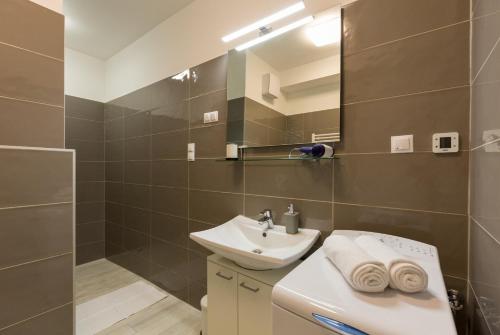 布达佩斯BUDAPEST DOWNTOWN Residences - AC,ELEVATOR,TERRACE的一间带水槽和镜子的浴室