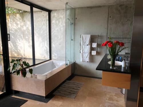 豪特湾Snooze in Hout Bay Self-Catering的带浴缸和花瓶的浴室