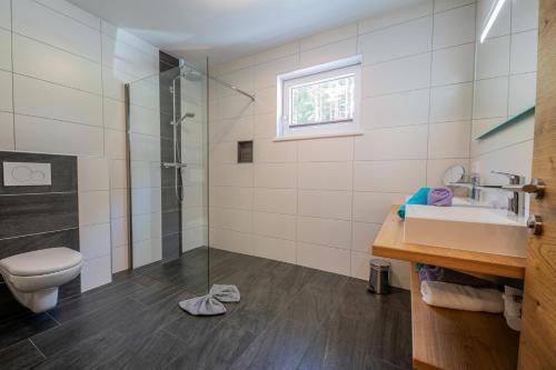 施图拜河谷新施蒂夫特Appartements Kleeblatt的带淋浴、盥洗盆和卫生间的浴室