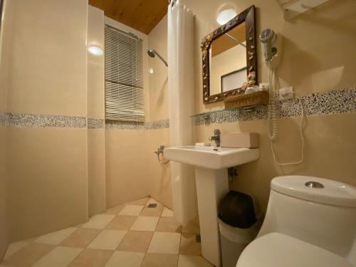 恒春古城墾丁好消息民宿Good News的一间带卫生间、水槽和镜子的浴室