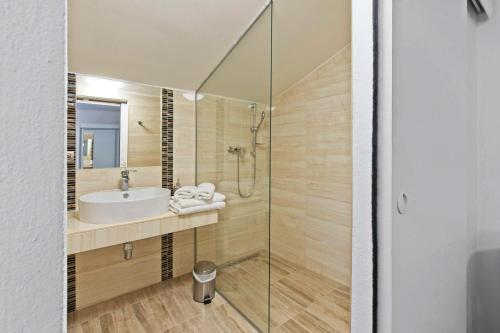 奥洛穆茨AV Penzion的一间带水槽和淋浴的浴室