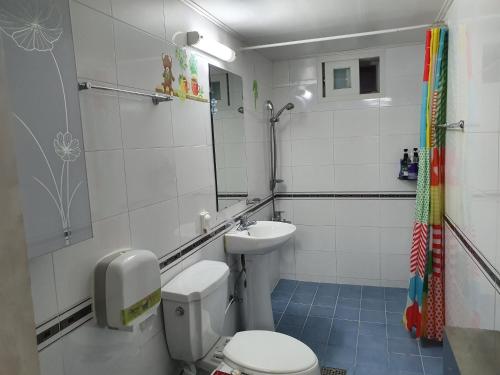 首尔Ok guesthouse的一间带卫生间和水槽的浴室