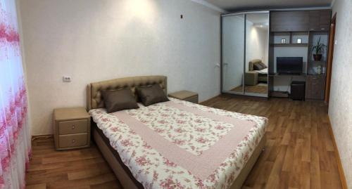尼科波尔Apartment Shevchenka 154的一间卧室配有一张带粉色毯子的大床
