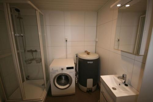 翁达尔斯内斯I hjerte av Åndalsnes sentrum的小型浴室设有洗衣机和水槽。
