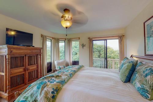 普林斯维尔Hanalei Bay Villas #33的一间卧室设有一张床、电视和窗户