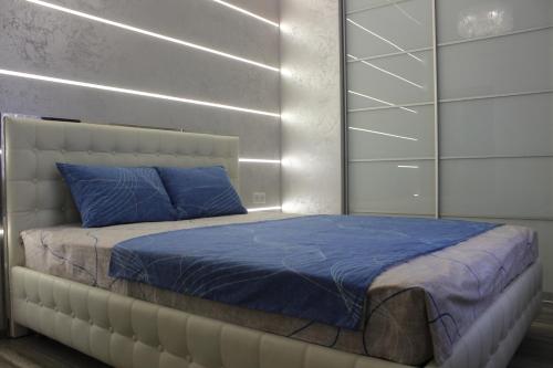 哈尔科夫New luxury Apartment in the Center on Konstitution Square的一间卧室配有一张带蓝色枕头的大床