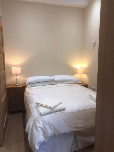 阿马Courtyard Studio Armagh City的一间卧室配有一张带两盏灯的大型白色床。