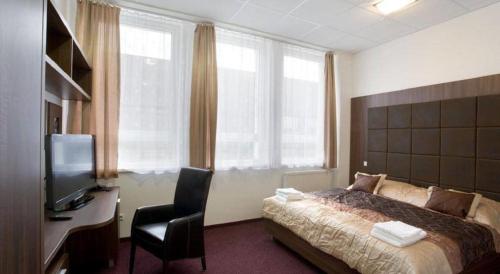 塞尼察Garni Hotel Branč的酒店客房配有一张床、一张书桌和一台电视。