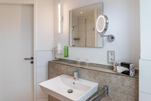 纽哈灵吉塞尔Mingers Hotel的一间带水槽和镜子的浴室