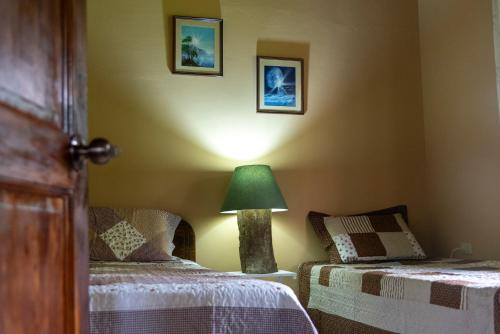 Bajos del ToroLas Calas Lodge的一间卧室设有两张床和绿灯