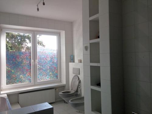 华沙Mira Rent House的一间带卫生间和窗户的浴室