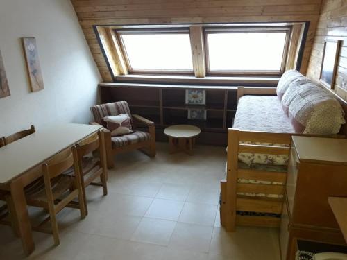 拉斯莱尼亚斯Colorina Las Leñas - Consorcio ATENAS的一间卧室配有一张床、一张书桌和一个窗户。