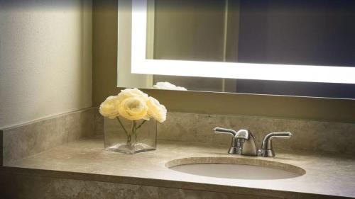 莱克韦Lakeway Resort & Spa的浴室水槽,花瓶上放着黄色玫瑰