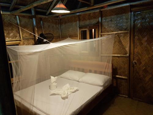 圣维森特Backpacker's Hill Resort的一张小床,位于带蚊帐的房间里