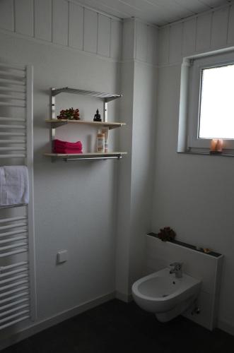 瓦森巴赫Ferienwohnung Klock的白色的浴室设有水槽和窗户。
