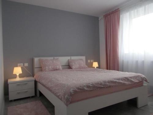 特尔戈维什泰Apartament Tanya的一间卧室配有一张带两盏灯的床和一扇窗户。