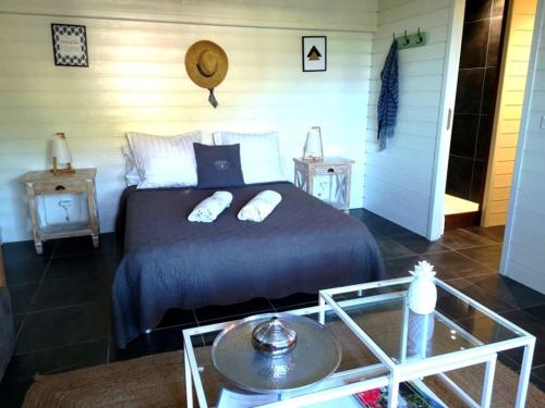 东方湾法国大街Studio La Voile Blanche的一间卧室配有一张带两个枕头的床