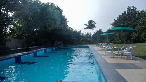 纳西克Jungle Safari Resort & Holiday Villa的一个带桌椅和遮阳伞的游泳池