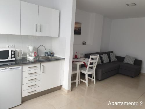 大加那利岛拉斯帕尔马斯Apartamento Kings Vegueta的厨房以及带沙发和桌子的客厅。