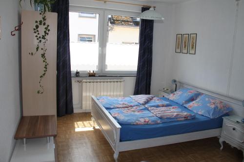 圣维特Casa Maria的一间卧室配有一张带蓝色床单的床和一扇窗户。