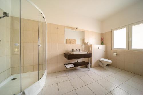 哈卡尼A16 Design Panzió的带淋浴、盥洗盆和卫生间的浴室
