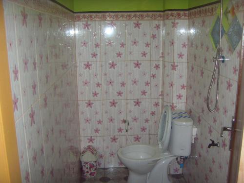 布罗莫卡优布罗莫民宿的浴室设有卫生间,墙上装饰有粉红色的鲜花。