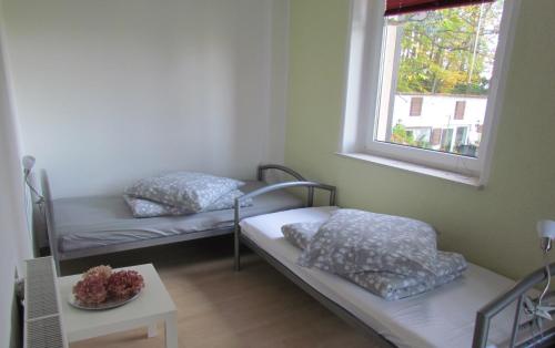ReinhardtsdorfFerienwohnung Apartement am Wolfsberg的配有2张床的带窗户和桌子的客房