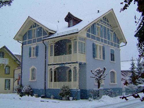 布鲁嫩Villa Deck的蓝色的房子,上面有雪